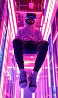 Immersed in the metaverse a man floats in futuristic ambience with virtual reality headset photo