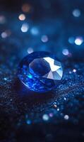 Shimmering sapphire gem with enchanting facets, sparkling on a dark, cosmic textured surface. photo