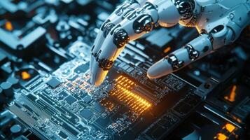A robotic hand delicately touches a complex circuit board filled with glowing components. The setting features a high-tech environment, emphasizing innovation and design photo