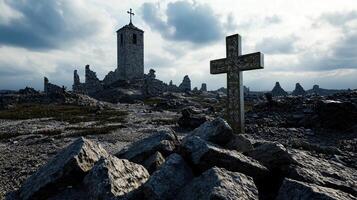 A cross is standing in front of a crumbling stone building photo