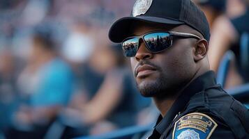 A police officer wearing sunglasses and a black hat stands in front of a crowd photo