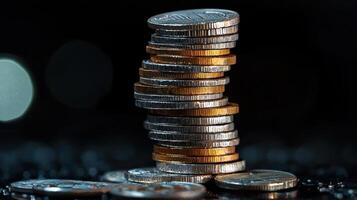 A stack of coins on a dark background photo
