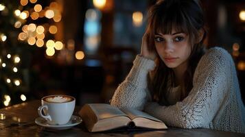 A woman sitting at a table with a book and coffee photo