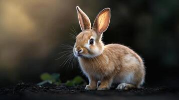 A small brown rabbit is sitting on the ground photo