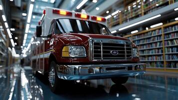 A red ambulance truck is driving through a library photo