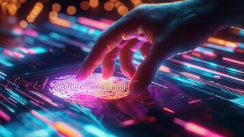 A hand gently touches a glowing fingerprint scanner filled with colorful lights. The intricate patterns and vivid hues create a visually striking representation of technology in action photo