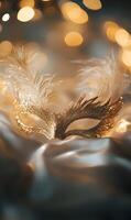 Elegant golden venetian carnival mask with feathers and silk, illuminated bokeh backdrop photo