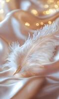 Elegant Ostrich Feather on Silky Fabric, illuminated by bokeh background in soft light photo