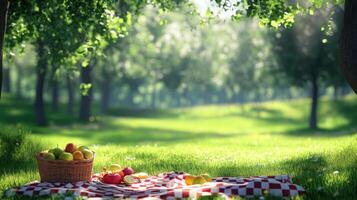 Idyllic picnic scene with fruit basket and checkered blanket under shaded trees photo