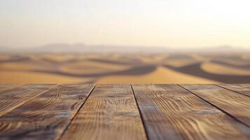 Rustic wood surface with a blurred desert background under the warm sunlight showcasing space photo