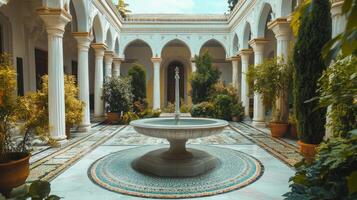 Andalusian courtyard with a fountain in the center, showcasing architectural details and greenery photo
