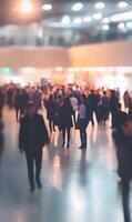 Blurred crowd of people walking in a public space exhibiting urban movement photo