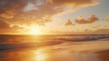 Golden hour by the sea, Tranquil shoreline view at sunset casting warm tones across the water photo