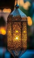 Intricate brass arabesque lantern casting a gentle glow, ornate decorative patterns illuminate softly photo