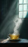 Sunlight filtering through window illuminates steaming teacup on an antique wooden table photo