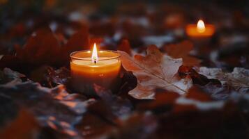 Candlelight glow amidst crisp autumn leaves, illuminating serene seasonal ambiance photo