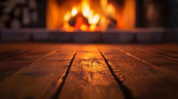 Warmth emanates from crackling fireplace lighting a wooden floor in cozy interior photo