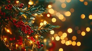 Festive sprig with red berries and blurred shimmering lights evokes winter holidays photo