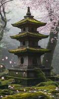 Moss covered stone pagoda nestled in lush greenery during cherry blossom season serenity photo