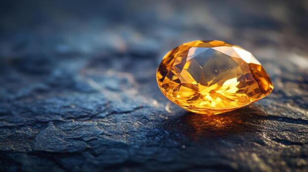 Exquisite golden gemstone facets and shimmering reflections on a rugged, textured base photo