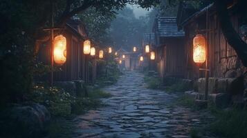 Mystical japanese village pathway illuminated by glowing lanterns at twilight ambiance scene photo