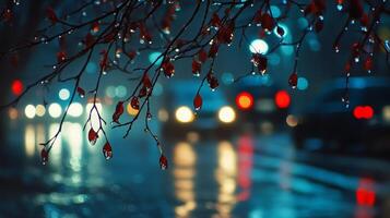 Ephemeral beauty of rain adorned leaves against bokeh streetlights during a peaceful evening photo