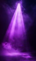 Enigmatic stage illuminated by vivid violet light piercing through ethereal smoke patterns photo