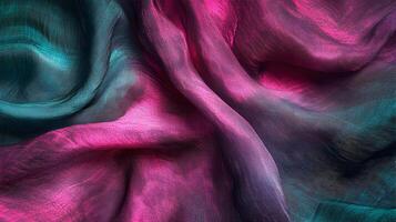 Iridescent textile with dynamic folds displaying vivid pink and teal color shifts photo