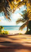 Serene tropical beach paradise with wooden foreground and swaying palm trees providing shade photo