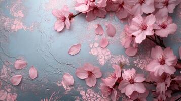 Pastel cherry blossom arrangement on textured backdrop conveys spring's delicate beauty photo