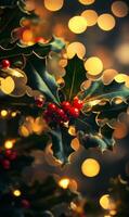 Festive holly with red berries and bokeh lights creating a warm and cozy Christmas atmosphere photo