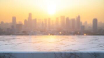 Urban sunrise backdrop with marble surface, modern cityscape in soft focus, serene skyline view photo