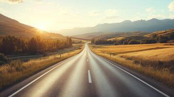 Golden hour road trip adventure traversing through picturesque landscape in tranquility photo