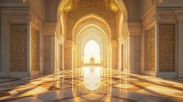 Opulent hall with intricate gold latticework and sunlit checkered marble floor design photo