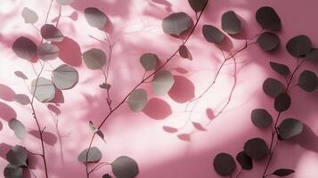 Soft pink backdrop with eucalyptus branches casting intricate shadows, evocative design photo