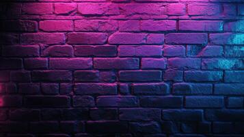 Vibrant brickwork illuminated by striking violet and cyan hues, a captivating textured surface photo