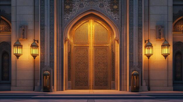 Grand mosque entrance with elaborate doors illuminated by lanterns at night creating a mystical scene photo