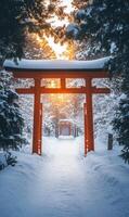 Winter serenity, red torii gate under sunlit snow, beckoning path amidst frosted trees photo
