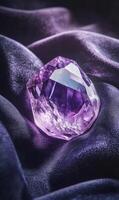 Radiant gemstone rests delicately against a luxurious violet textile surface with soft texture photo