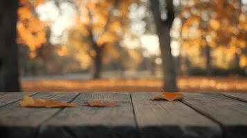 Autumnal serenity park view with golden foliage backdrop and textured wooden table foreground photo