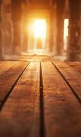 Golden hour light illuminating a rustic wooden pier path, beckoning toward a radiant opening photo