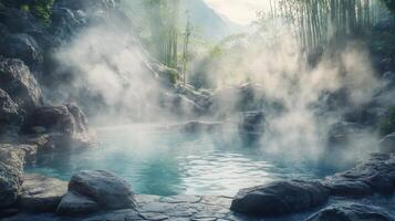 Serene waters amidst a misty landscape with bamboo stalks offering a peaceful retreat scene photo