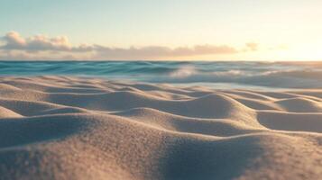 Serene beach scene featuring soft sand dunes and gentle waves under a tranquil sky photo