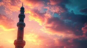 Majestic minaret silhouette against a vibrant sunset hued sky with delicate cloud formations photo