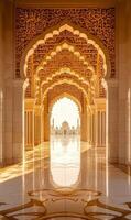Ornate arches in a grand mosque leading to serene domes and sunlit reflections scene photo