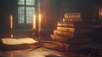 Ancient library atmosphere with aged books illuminated by candlelight creating a vintage scene photo