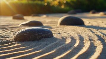 Golden hour illuminates a serene zen garden with carefully arranged stones and sand patterns photo