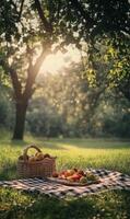 Tranquil picnic scene under a sun dappled tree with fresh fruit and checkered blanket photo