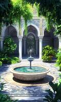 Serene courtyard featuring an ornamented fountain, intricate tile work and lush, thriving plants photo