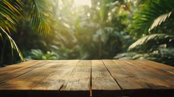Tropical Getaway Tabletop Display, Lush Greenery and Natural Wood for Product Showcase photo